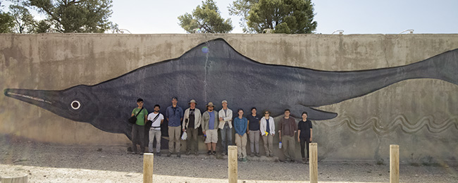 Our group in front of William Gordon Huff's ichthyosaur relief at Berlin-Ichthyosaur State Park.