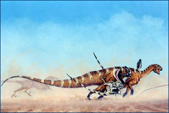 Deinonychus attack a tenontosaur, by Michael Skrepnick