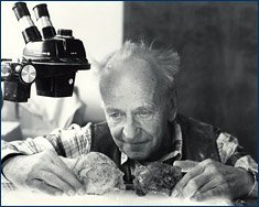 Karl Hirsch in 1988 studying 140-million-year-old dinosaur eggs
